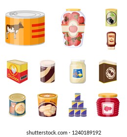 Vector illustration of can and food sign. Set of can and package vector icon for stock.