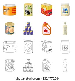 Vector illustration of can and food sign. Collection of can and package stock vector illustration.