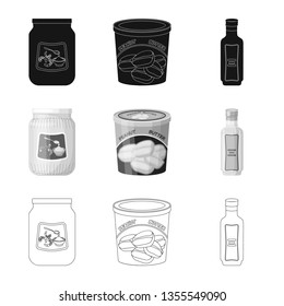 Vector illustration of can and food sign. Collection of can and package vector icon for stock.