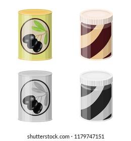 Vector illustration of can and food symbol. Collection of can and package stock symbol for web.