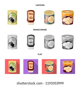 Vector illustration of can and food symbol. Set of can and package stock vector illustration.