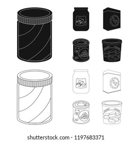 Vector illustration of can and food symbol. Set of can and package stock symbol for web.