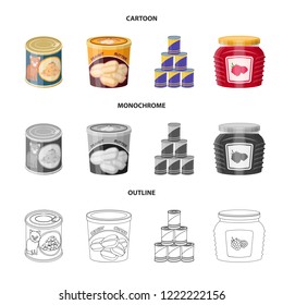 Vector illustration of can and food symbol. Set of can and package vector icon for stock.