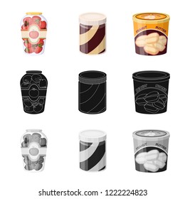 Vector illustration of can and food symbol. Set of can and package stock vector illustration.
