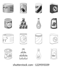 Vector illustration of can and food symbol. Set of can and package stock symbol for web.