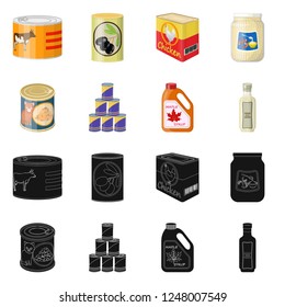 Vector illustration of can and food symbol. Set of can and package stock vector illustration.