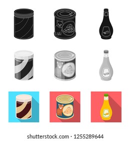 Vector illustration of can and food symbol. Set of can and package vector icon for stock.