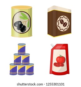 Vector illustration of can and food symbol. Set of can and package stock symbol for web.