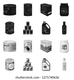 Vector illustration of can and food symbol. Collection of can and package stock symbol for web.