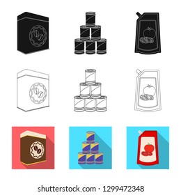 Vector illustration of can and food symbol. Set of can and package stock symbol for web.