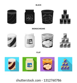 Vector illustration of can and food symbol. Set of can and package stock vector illustration.