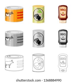 Vector illustration of can and food symbol. Collection of can and package stock vector illustration.