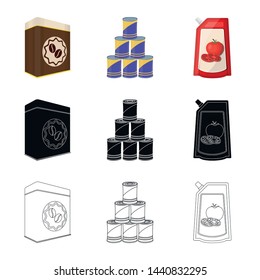 Vector illustration of can and food symbol. Collection of can and package stock symbol for web.
