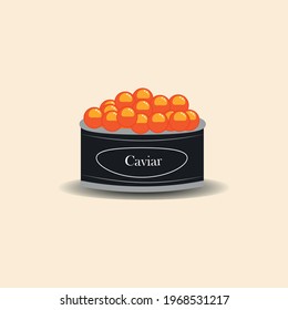 Vector illustration of a can of red salmon caviar. Russian national delicacy. premium packaging. Рard roe. White isolated. 
