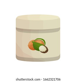 Vector illustration with can of shea butter, shea or vitellaria. Natural organic ingredient body oil, for cosmetic creams. Package or brochure design, label.