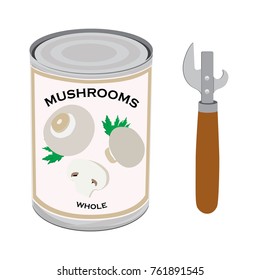 Vector illustration can with whole champignon mushrooms and can opener isolated on white background. Canned food