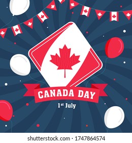 Vector Illustration of Canada Day Label with Flying Balloons and Bunting Flags Decorated on Blue Rays Background for 1st July Celebration.