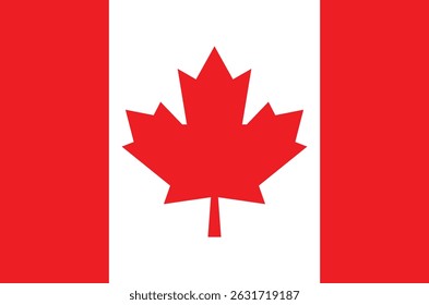 Vector illustration of the Canada flag showcasing a bold red maple leaf centered on a white field, flanked by two vertical red bars, symbolizing national pride.