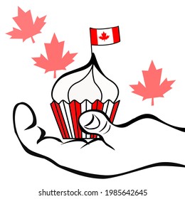 
Vector illustration for Canada Independence Day. Hand holds a cake decorated with a Canadian flag