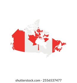 Vector illustration of Canada map overlaid with the national flag, highlighting the country's geographic outline combined with its national colors.