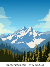 Vector illustration. Canada. Nature landscape, mountains. Design for poster, banner, postcard. Flat design. Travel, tourism.