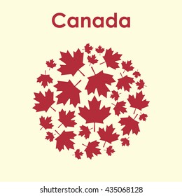 vector illustration / Canada text on the top / circle design with maple leaves for greeting card in traditional red and white colors