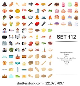 Vector illustration of canada, thanksgiving, camping, cake, business conference negotiation burger ingredient building,bread icon set.