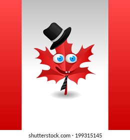 Vector illustration of Canadian flag and cartoon leaf with his saucer eyes.