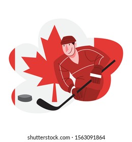 Vector illustration of Canadian hockey player. Canadian athlete wearing hockey uniform and helmet against Canada flag. Representation of nationality and culture. Vector illustration in flat style