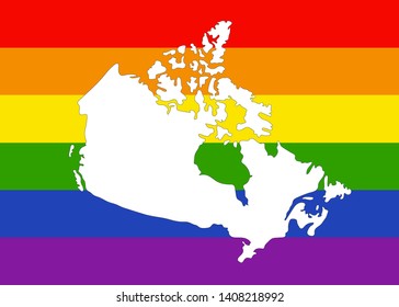 Vector Illustration of Canadian Map. LGBTQ+ Rainbow Flag in the Background.