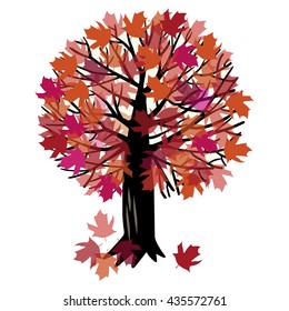 Vector illustration of the canadian maple tree and falling autumn leaves