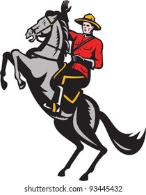 vector Illustration of a Canadian Mounted Police Mountie riding a prancing horse on isolated white background done in retro woodcut style.