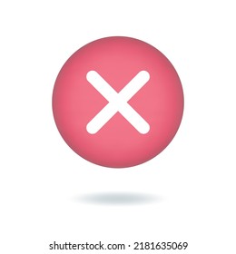 Vector illustration. Cancel 3d cross mark icon,  decline or  egative sign, realistic red cross button isolated on white background.