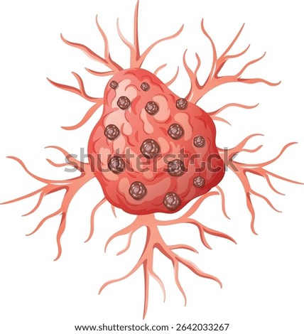 Vector illustration of a cancer cell with branching extensions, featuring detailed textures and vibrant red hues
