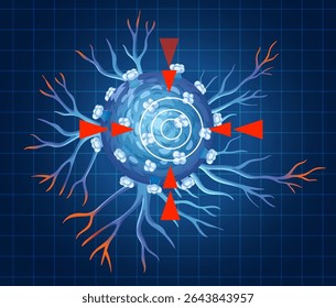 Vector illustration of a cancer cell with vibrant colors and intricate details, highlighting cellular structure and growth patterns