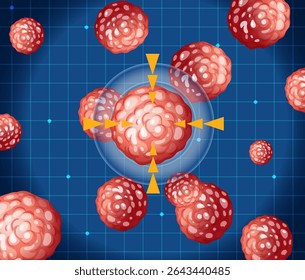 Vector illustration of cancer cells with a focus on one central cell, vibrant colors, and a grid background