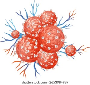 Vector illustration of cancer cells with vibrant colors and intricate details, highlighting cellular structure and branching patterns
