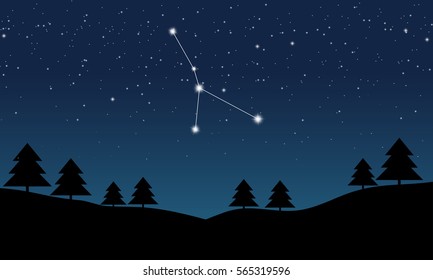 Vector illustration of Cancer  constellation on the background of starry sky and night landscape