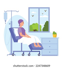 Vector illustration of cancer patients. Cartoon scene with a girl who looks sadly out the window under droppers in a hospital bed on white background. Serious illness. Medicine and science.