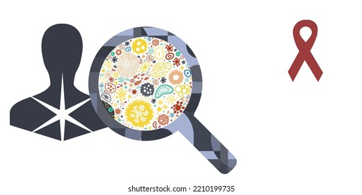 vector illustration of cancer risk factor with magnifier and special ribbon symbol