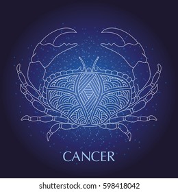 Vector illustration of cancer in the star sky, zodiac sign. Poster, card, print design.