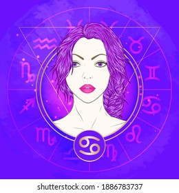 Vector illustration of Cancer zodiac sign and portrait beautiful girl on abstract background with horoscope circle. Mysticism, esoteric, astrology.Water element.