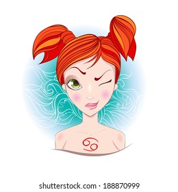 Vector illustration of cancer zodiac sign. The girl in an image of a cancer