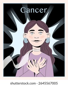 Vector illustration of Cancer zodiac sign as a dreamy and gentle woman with a soft gaze and lunar motifs. Perfect for astrology projects, tarot designs, and zodiac cards.