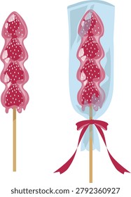 Vector illustration of candied strawberries set. Japanese summer festival stall fruit sweets with individual and ribbon wrapped variations.