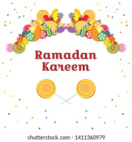 vector illustration of candies and caramel symmetrical greeting card with wish for generous Ramadan Holiday