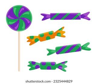 Vector illustration of candies in colorful wrapping paper and lollipop