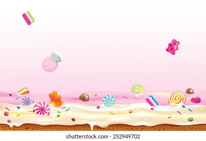 Vector illustration of candies falling down to cream