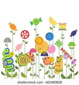 vector illustration of  candies and flowers in a row for holidays celebrations concepts and greeting cards