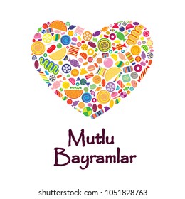 vector illustration of candies in heart shape for greetings Mutlu Bayramlar  in Turkish language translated as Happy Holiday